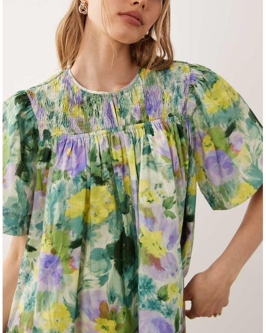 ASOS Natural Crew Neck Shirred Smock Mini Dress