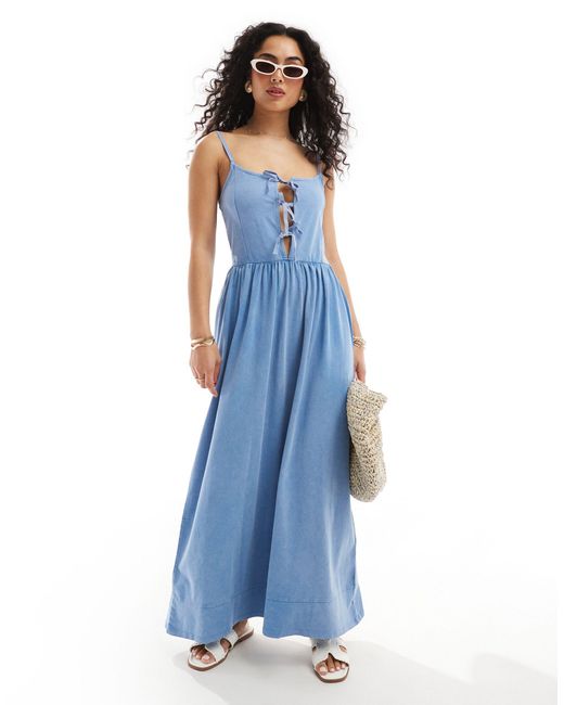 ASOS Blue Cami With Tie Front Bodice Full Skirt Midi Dress