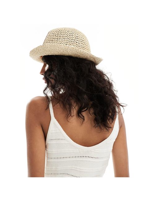 ASOS Brown Straw Crochet Bucket Hat With Faux Leather Patch
