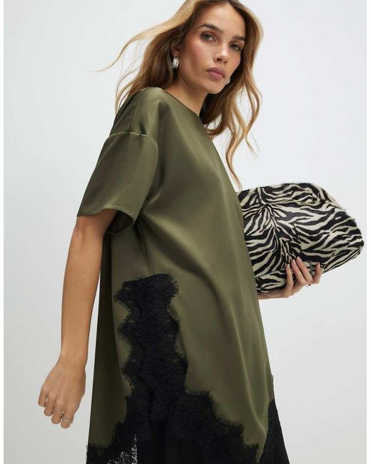 River Island Green Asymmetric Lace Satin T-Shirt