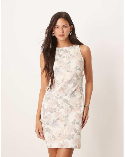Vestido Vaquero Corto Elástico Con Estampado Floral Y Detalle De Costuras De -Blanco ASOS de color White