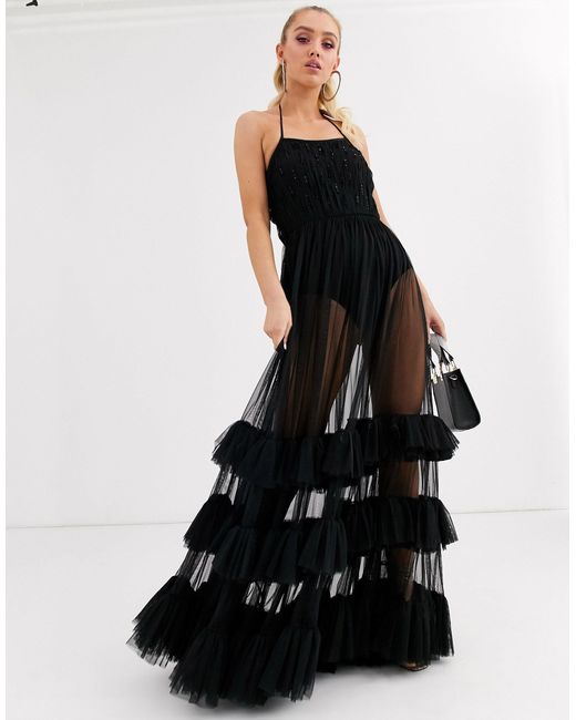 LACE & BEADS Black Embellished Bodice Tiered Tulle Maxi Dress