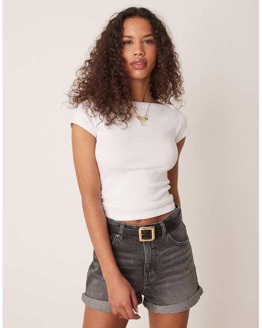 Gina Tricot White Short Sleeve Boatneck Slim Fit Rib Top