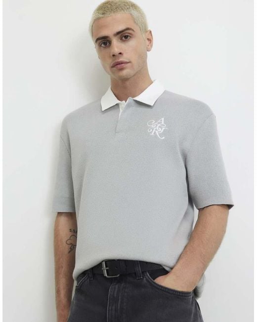 River Island Gray Cotton Knitted Rugby Shirt for men