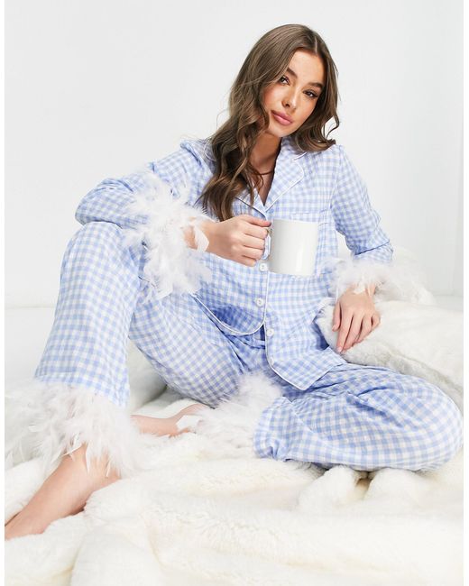 NIGHT Blue Gingham Cotton Faux Feather Pyjama Set