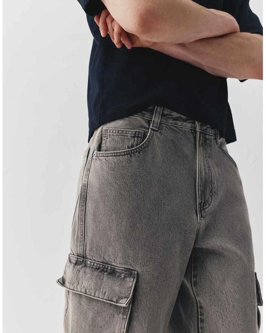 Pull&Bear Gray Baggy Cargo Jeans for men