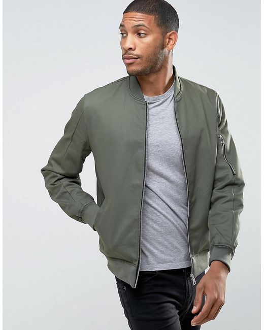 ASOS Asos Cotton Bomber Jacket With Sleeve Zip in Green for Men | Lyst UK