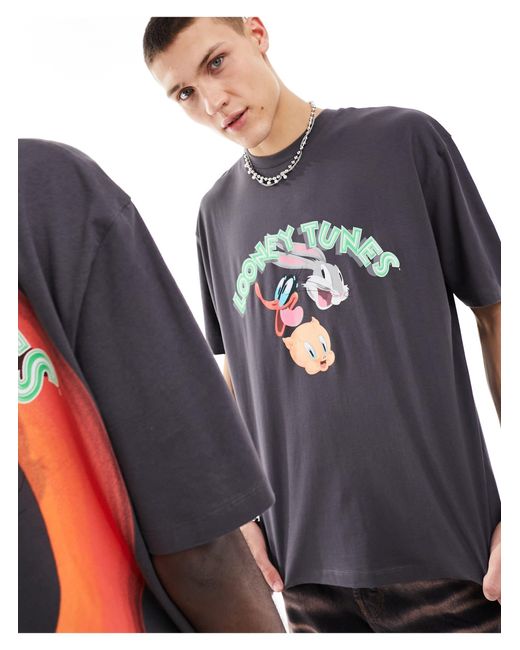 ASOS Gray Unisex Oversized Licensed Tee With Looney Tunes Back Print