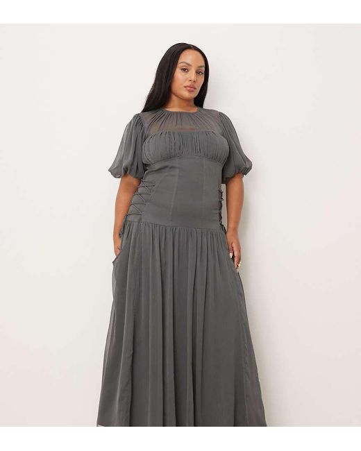 ASOS Gray Asos Design Curve Puff Sleeve Chiffon Maxi Dress