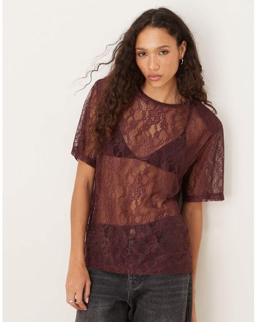 ASOS Red Lace Boxy Sheer Tee With Shoulder Pads