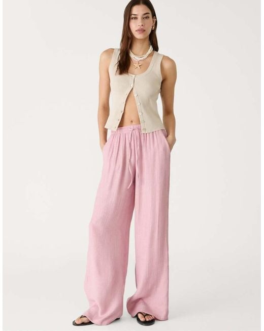 Stradivarius Pink Linen Look Pull On Crinkle Trouser