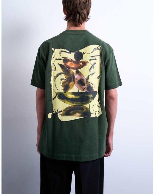 Topman Green Relaxed Fit T-shirt With Front And Back Watercolor Shapes Prints for men