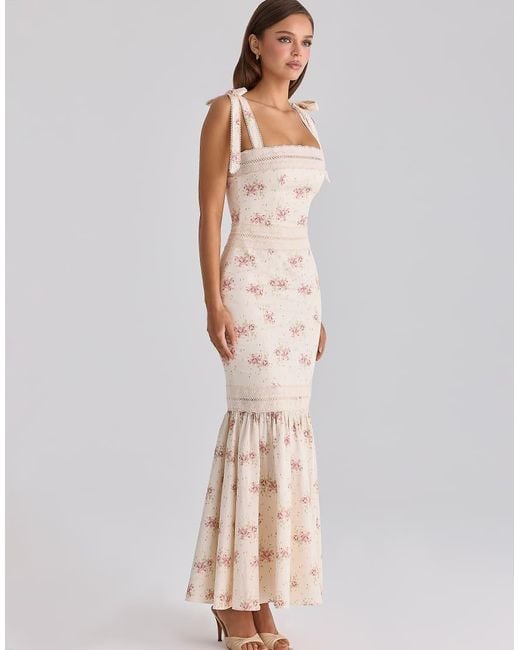 House Of Cb Natural Alessina Ivory Vintage Rose Print Cotton + Lace Maxi Dress