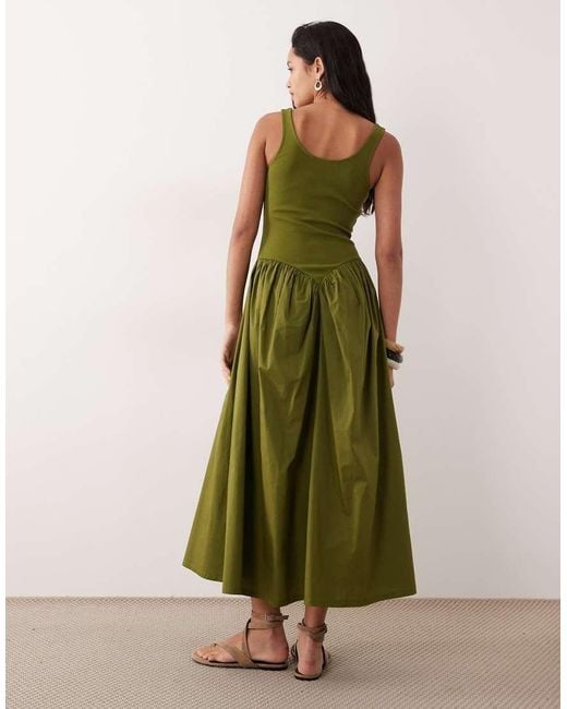 ASOS Green Basque Waist Midi Dress With Woven Skirt
