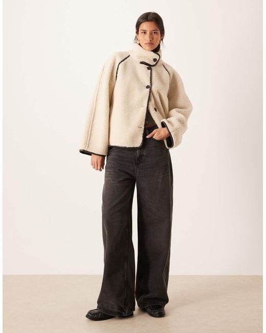Gina Tricot Natural Oversized Reversible Borg Jacket With High Funnel Neck