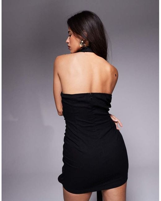 Kaiia Black Exclusive Linen Look Shell Drape Detail Knotted Halterneck Mini Dress