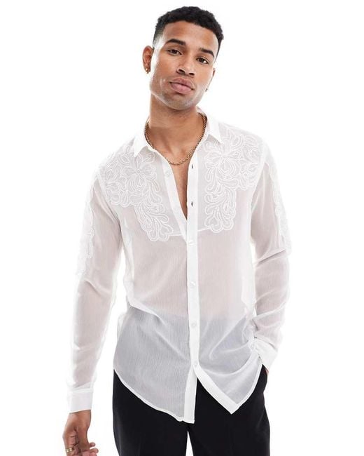 ASOS White Sheer Regular Shirt With Floral Embroidery for men