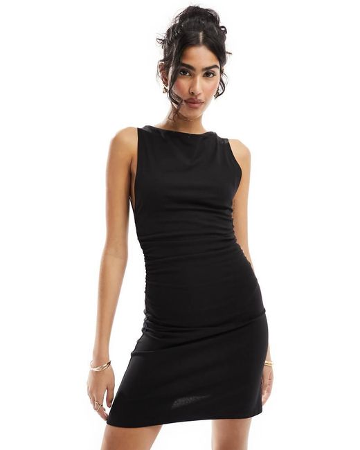 ASOS Black Boat Neck Mini Dress With Ruched Sides