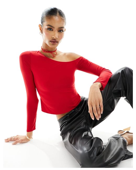 Fashionkilla Red Slinky Off Shoulder Top With Neck Tie