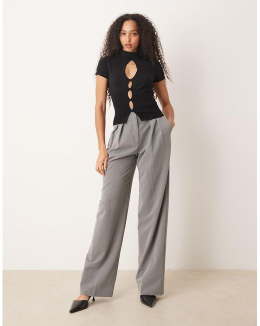 Mango Gray High Neck Knitted Short Sleeve Top With Cut Out Detail