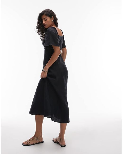 & Other Stories Black Linen Puff Sleeve Midaxi Dress With Twist Sweetheart Neckline