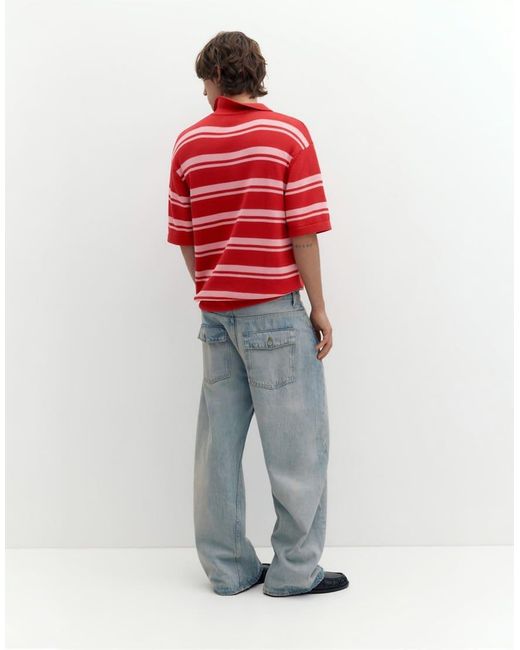 Pull&Bear Red Stwd Striped Knit Polo Shirt for men