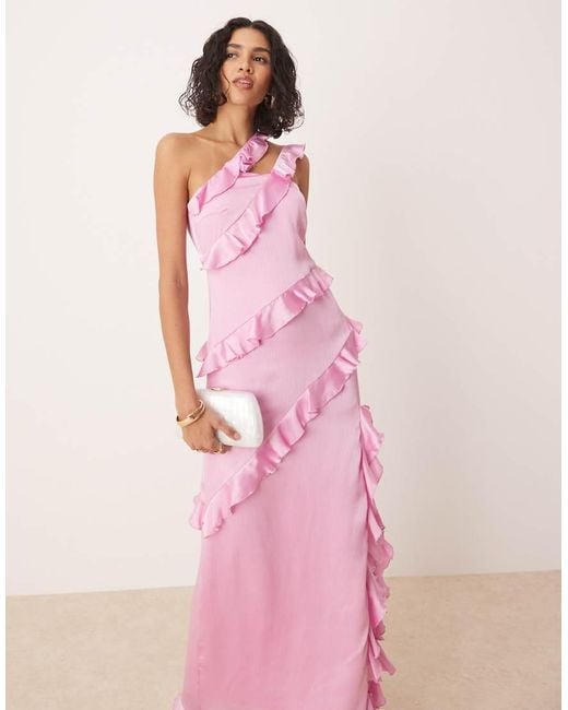 Pretty Lavish Pink One Shoulder Asymmetric Ruffle Maxi Dress