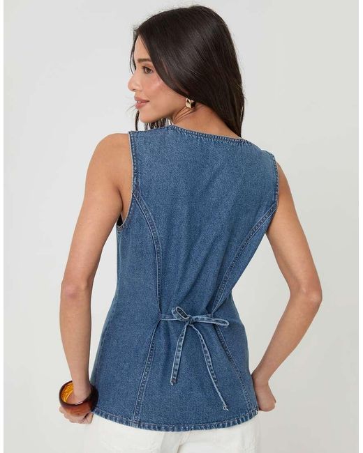 Threadbare Blue Denim Longline V-Neck Waistcoat