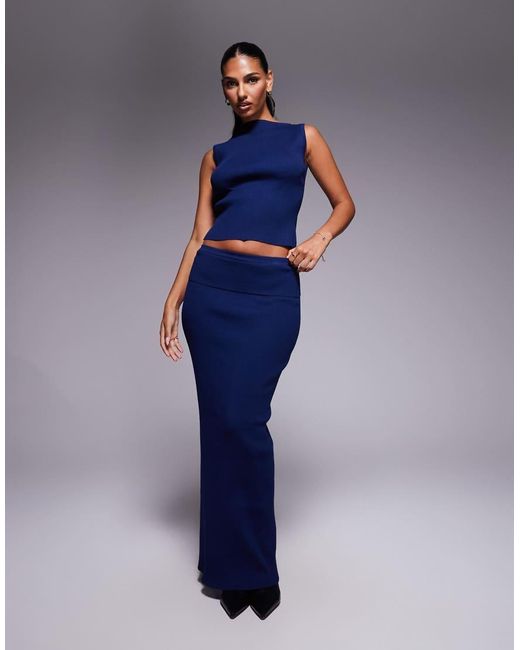 Kaiia Blue Exclusive Slash Neck Sleeveless Rib Knit Top Co-Ord