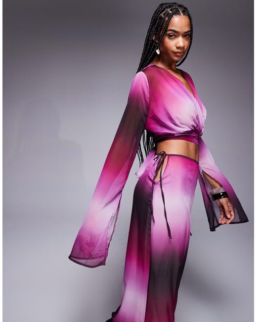 Aria Cove Purple Chiffon Wrap Split Sleeve Beach Top Co-ord