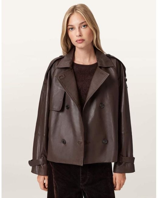 AllSaints Brown Reed Cropped Leather Trench