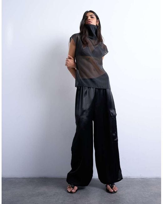 TOPSHOP Black Satin Cargo Balloon Trouser