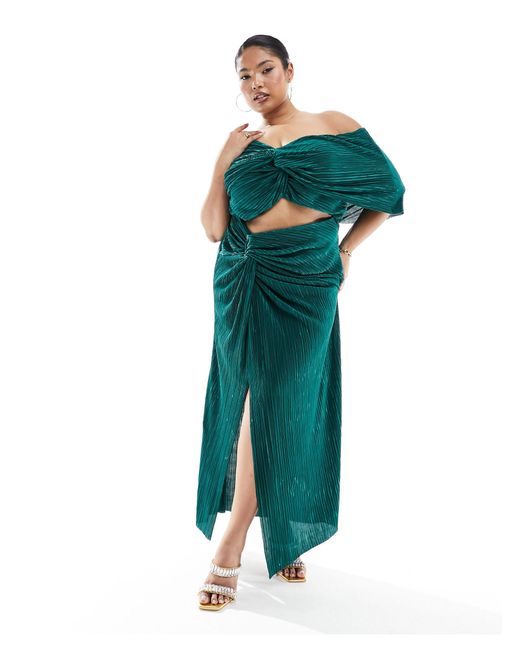 Vestido largo plisado con diseño estilo dos en uno y hombro caído ASOS de color Green
