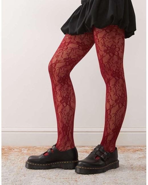 Reclaimed Vintage Red Burgundy Floral Lace Tights