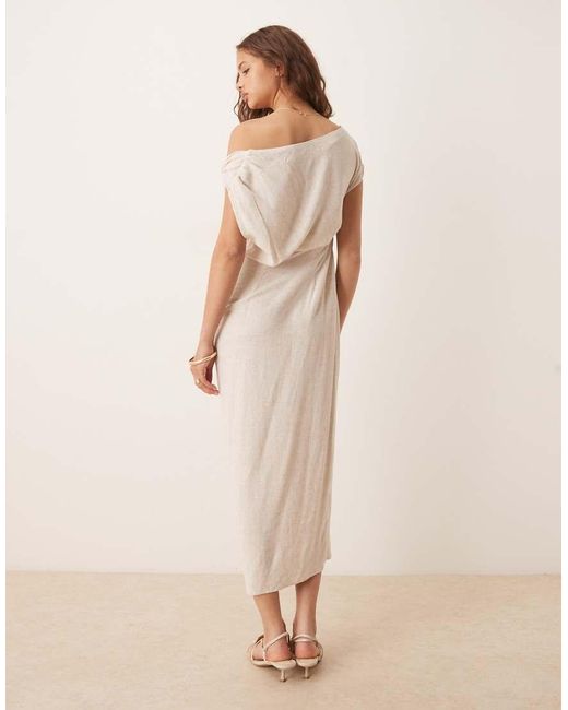 ASOS Natural Linen Fallen Twist Shoulder Wrap Skirt Detail Midi Dress