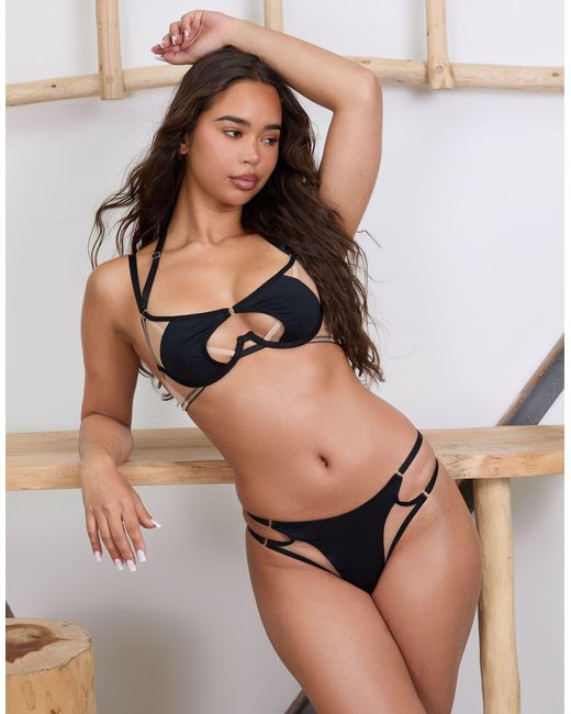 Wolf & Whistle Black X Michelle Domingos Illusion Net & Micro Cut Out Thong