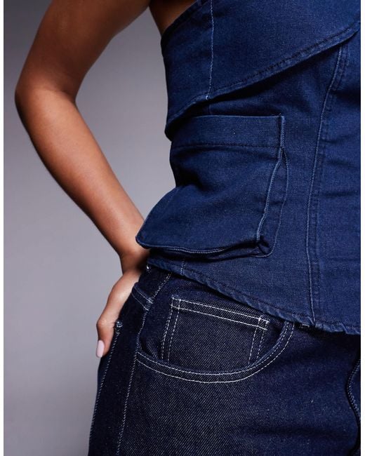 Liquor N Poker Blue Utility Denim Bandeau Crop Top With Zip Through