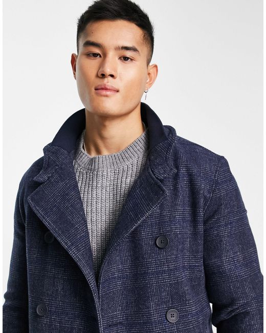 French Connection Blue Double Breasted Funnel Coat for men