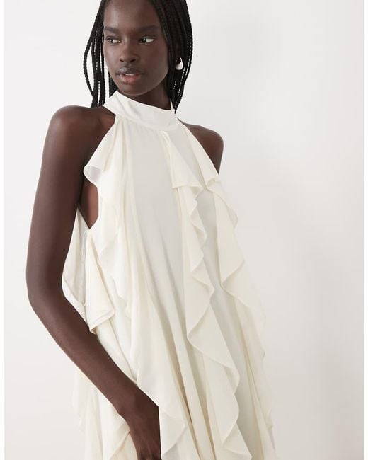 True Decadence Natural High Neck Ruffle Trapeze Maxi Dress