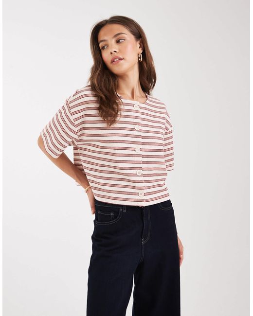 Miss Selfridge White – kurzärmlige, gerippte strickjacke mit knopfleiste und streifen