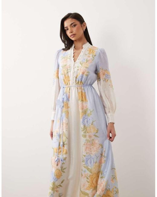 Forever New Natural Linen Look Balloon Sleeve Floral Belt Detail Midaxi Shirt Dress