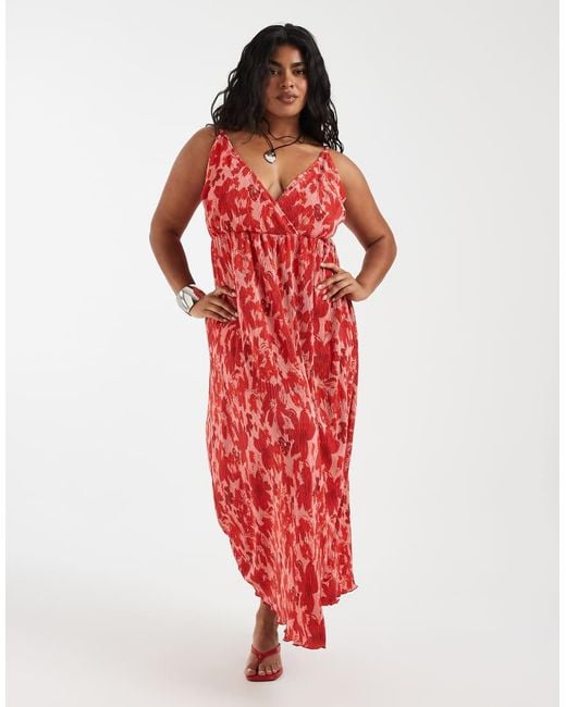Pieces Plus Red Pieces Curve Wrap Detail Cami Plisse Maxi Dress