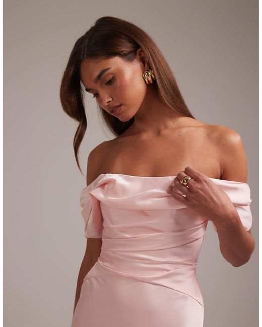 ASOS Pink Bridesmaids Bardot Satin Maxi Dress