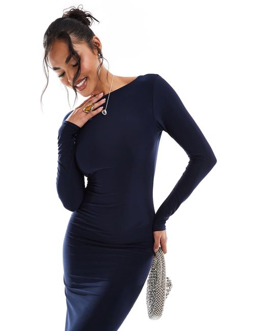 Kaiia Blue Exclusive Double Layered Slinky Low Back Long Sleeve Bodycon Maxi Dress