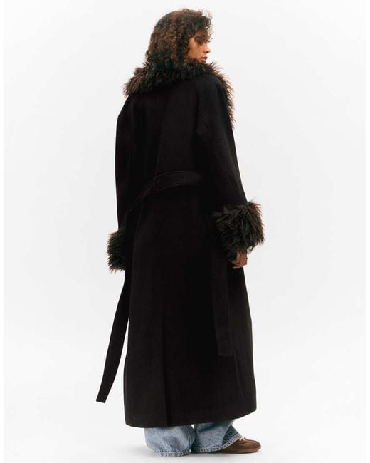 Monki Black Wool Blend Belted Maxi Coat With Fur Collar And Cuffs Detail
