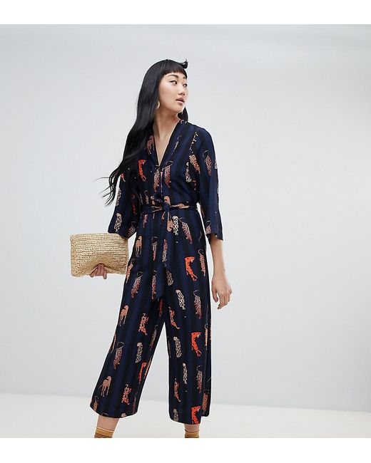 Monki Blue Stripe Belted Jumpsuit With Leopard Placement In Navy