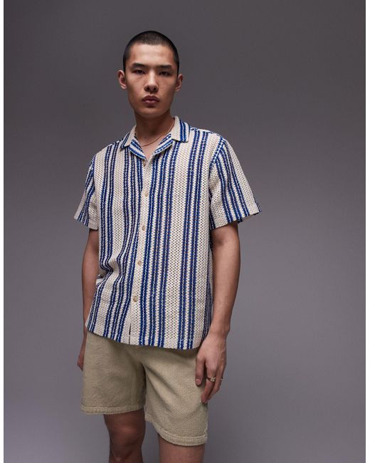 Topman Gray Short Sleeve Relaxed Striped Crochet Shirt for men