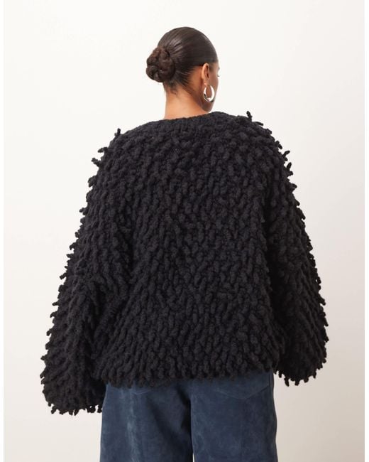 ARRANGE Black Curve Wool Hand Knit Ultimate Loop Fringe Cardigan