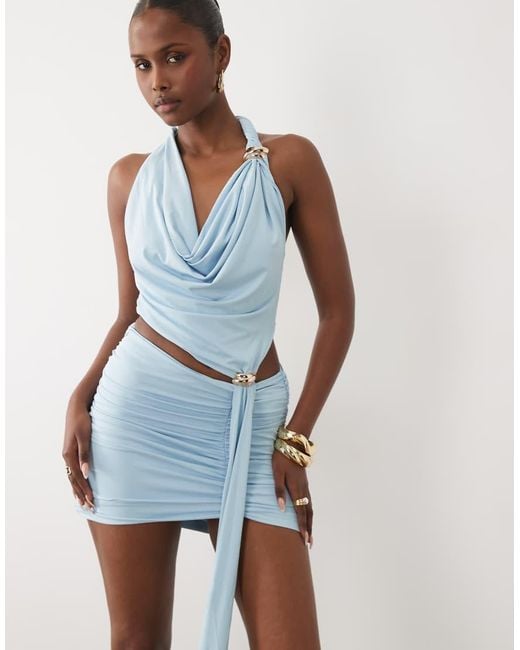 Murci Pink Twist Strap Metal Hardware Detail Cutout Drape Skirt Mini Dress