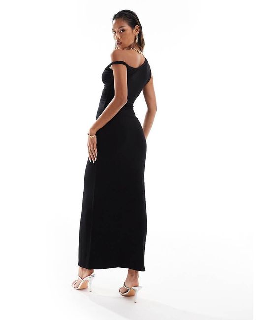 Vestido Midi Con Abertura, Hombro Caído Y Detalle Anudado En El Tirante De ASOS de color Black